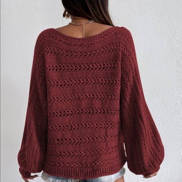 BURGUNDY OPEN KNIT LANTERN SLEEVE SWEATER - Picture 2 of 8